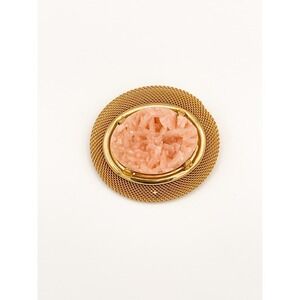 Vtg Pink Druzy Quartz Crystal Brooch Gold-Tone Mesh Frame Oval Pin